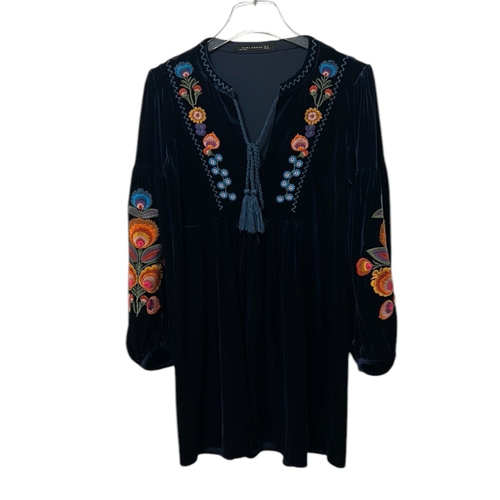 Zara Luxe Blue Velvet Embroidered Boho Dress Size S